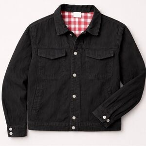 VINTAGE OLD NAVY Black Corduroy Trucker Jacket Red Plaid Flannel Lining L - XL